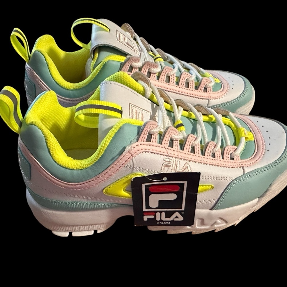 New, Fila Disruptor II Premium (Big Kid) White/Safety Yellow/Blue, Size 6